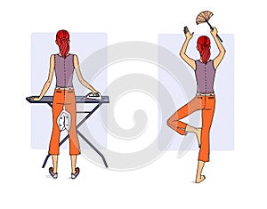 Fitness at home. A young woman performs a variety of exercises in the process of housekeeping - cleaning,  ironing back view.