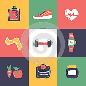 Fitness icons set and signs