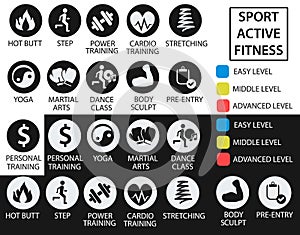 Fitness icons with training and difficulty levels for scheduling in fitness and sports clubs.