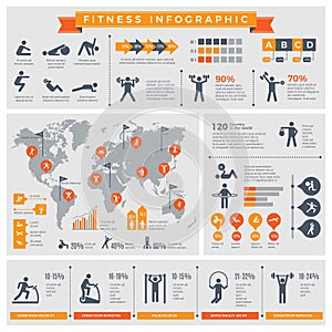 Fitness infographic. Sport lifestyle healthy people making exercises in gym or outdoor vector infographic template