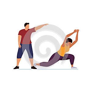 Fitness instructor and woman practicing yoga pose. Male fitness coach guiding female student in stretching exercise