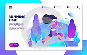 Fitness landing page. Sporty girl running in summer park. Healthy people workout outdoor. Sport lifestyle and training