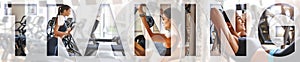 Fitness life. Young sporty woman exercising at gym with an overlay of the word TRAINING. Panoramic banner header. Sport