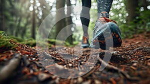 Fitness lifestyle, close-up of running shoes on a forest trail