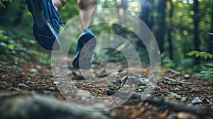 Fitness lifestyle, close-up of running shoes on a forest trail