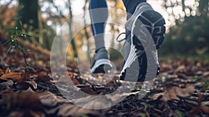 Fitness lifestyle, close-up of running shoes on a forest trail