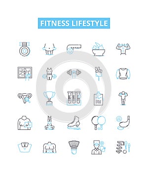 Fitness lifestyle vector line icons set. Workout, Exercise, Nutrition, Wellness, Healthy, Active, Habits illustration