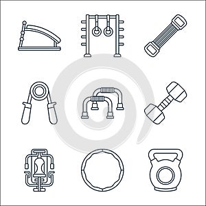 Fitness line icons. linear set. quality vector line set such as kettlebell, workout machine, dumbbell, hand grip, grippers, chest