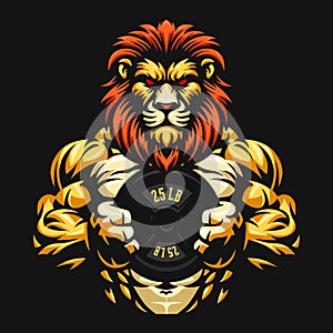 Fitness lion vector illustration, gym mascot character, lion holding weight plate