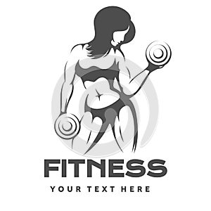 Fitness Logo Design with Woman Silhouette Holding Weight