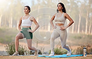 Fitness, lunges or friends in nature in yoga exercise workout or legs training in healthy lifestyle. Athlete girls