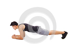 fitness man doing plank core exercise working out