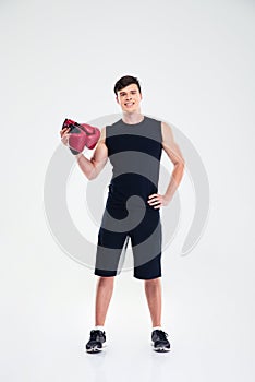 Fitness man holding boing gloves