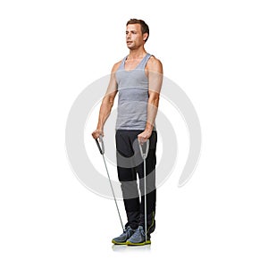 Fitness, man and resistance band for strong in studio, gym and biceps training or workout muscles. Sports person