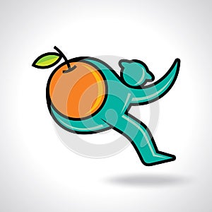 Fitness man running and hold a orange fruit