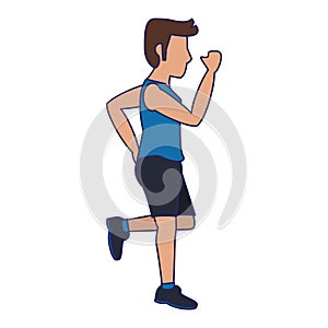 Fitness man running sideview blue lines