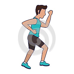 Fitness man running sideview blue lines