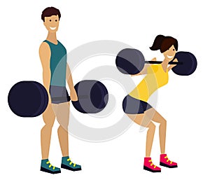 Fitness man and woman with barbell in gym
