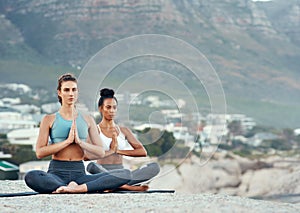 Fitness, meditation and yoga with women on beach for mental health, peace or wellness in morning. Exercise, training and