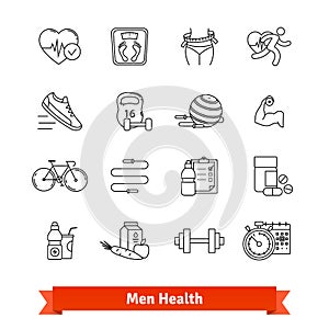 Fitness and men health. Thin line art icons set