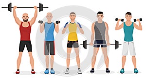Fitness men male in gym set. Healthy lifestyle guys make exercises
