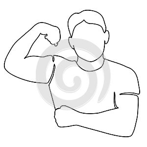 Fitness men pose by showing his athletic body. Continuous line drawing. Isolated white background. Vector monochrome