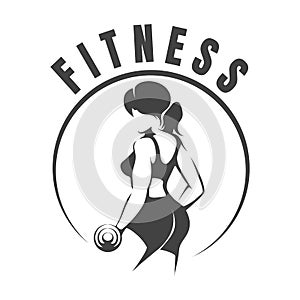 Fitness Monochrome Retro Emblem with Woman holds dumbbells