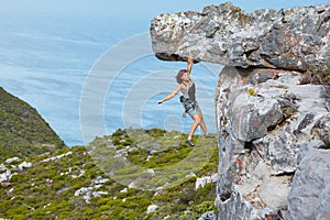 Fitness, mountain and woman rock climbing, exercise and nature with wellness, balance and hobby. Female person, girl or