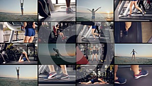 Fitness multiscreen montage. Videowall with shoots - fitness in gym and outdoor.