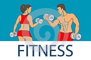 Fitness with muscled man and woman silhouettes. Man and woman holds dumbbells. Vector illustration