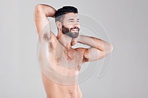 Fitness, muscles and sexy man in a studio after a bodybuilding workout or sport training. Health, wellness and muscular