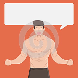 fitness muscular healthy man tell and explain something in dialog box