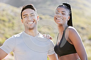Fitness, nature and couple happy to workout in outdoor adventure trail. Sports, exercise and man and black woman train