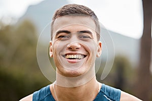 Fitness, nature and portrait of man athlete ready for running for race, marathon or competition training. Sports