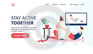 Fitness online landing page concept. Young couple doing fitness at home together using their TV