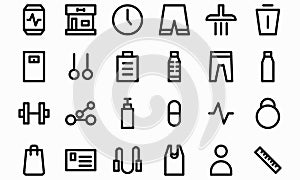 Fitness outline black icon set  illustration. Editable stroke and color