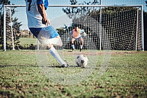 Fitness, penalty and soccer player scoring a goal at training, game or match at a tournament. Sports, exercise and back
