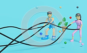 Fitness people with battle ropes exercise in gym on blue background ,exercise for health Concept ,3d illustration or 3d render