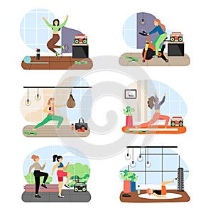 Women doing fitness, riding stationary exercise bike, flat vector illustration. Active and healthy lifestyle.