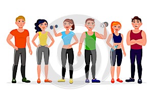 Fitness people  illustration in flat design. Athletes in workout gym cartoon characters isolated on white background. Group