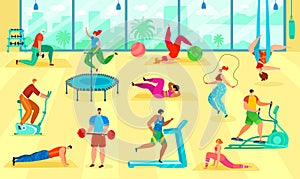 Fitness people training body in gym vector illustration set, cartoon flat active man woman characters train, do sport