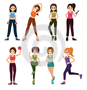 Fitness people workouts set, cute cartoon style.vector