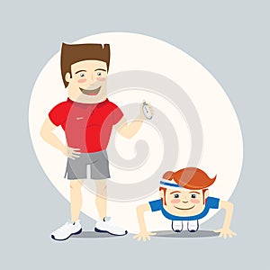 Fitness personal trainer and funny sportsman doing push-ups
