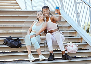 Fitness, phone and friends take selfie after running, exercise and workout for social media outdoors on steps or stairs