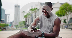 Fitness, phone and happy black man outdoor, typing in city and rest to relax on break from exercise. Smartphone, sports
