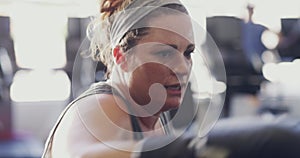 Fitness, plus size and boxing with woman in gym for training, workout and weight loss challenge. Performance, sweating