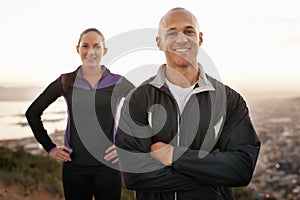 Fitness, portrait and couple in nature with arms crossed for training, exercise or morning cardio run. Sports, face and