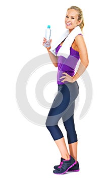 Fitness, portrait and happy woman with water in studio for body, hydration or training recovery on white background