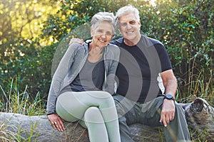 Fitness, portrait or old couple in nature for hiking workout, walking exercise or trekking on holiday vacation