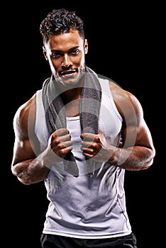 Fitness, portrait and strong man in studio with muscle, confidence and workout for health, wellness and power. Smile
